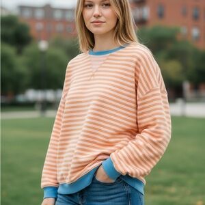 We The Free Classic Striped Crewneck, NWOT, Peach and Cream with Blue detail, M